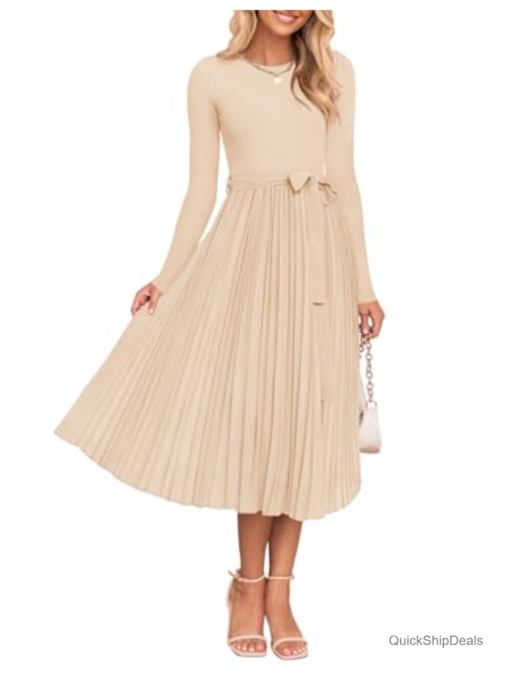 Women's Fall Long Sleeve Pleated Knit Sweater Dress Midi A-Line